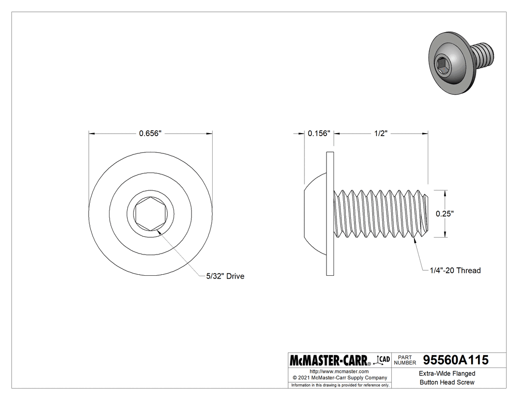 Technical Drawing of Extra-Wide Flanged Button Head Screw, 1/4"-20 Thread, 1/2" Long.